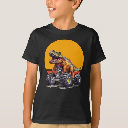 モンスタートラックとティラノサウルス Tシャツ (正面)
