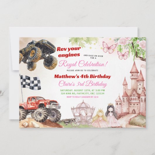 モンスタートラックとプリンセス共同誕生日 招待状 (正面)
