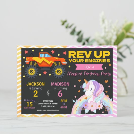 モンスタートラックとユニコーンのジョイント誕生日招待状 招待状 (スタンド正面)