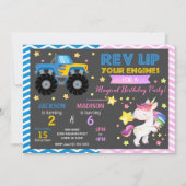 モンスタートラックとユニコーンのジョイント誕生日招待状 招待状 (正面)