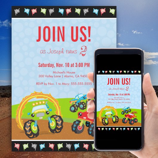 モンスタートラックとレースフラッグスバースデーパーティー 招待状