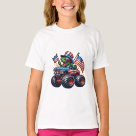 モンスタートラックに乗ったパトリオティックなティラノサウルスの面白いデザイン Tシャツ