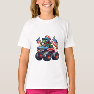 モンスタートラックに乗ったパトリオティックなティラノサウルスの面白いデザイン Tシャツ