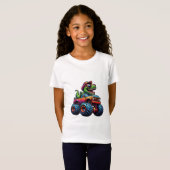 モンスタートラックに乗った面白い恐竜ティラノサウルス Tシャツ (正面フル)