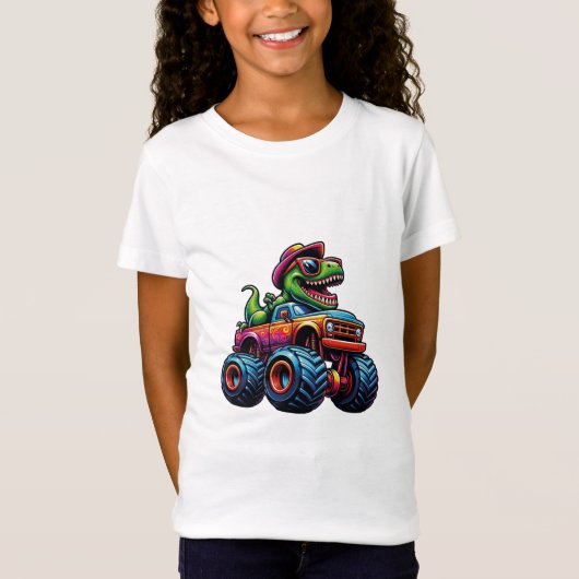 モンスタートラックに乗った面白い恐竜ティラノサウルス Tシャツ (正面)