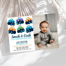 モンスタートラックのスマッシュとクラッシュの誕生日写真 招待状