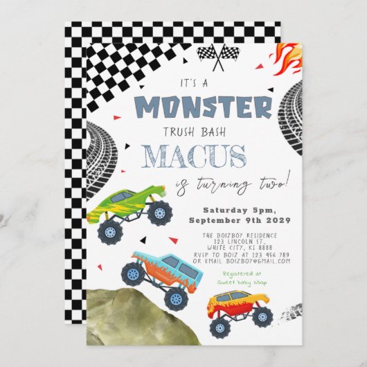 モンスタートラックのバッシュ誕生日パーティーだ 招待状 (正面/裏面)