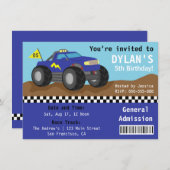 モンスタートラックのパーティーの競争、青い入場のチケット 招待状 (正面/裏面)