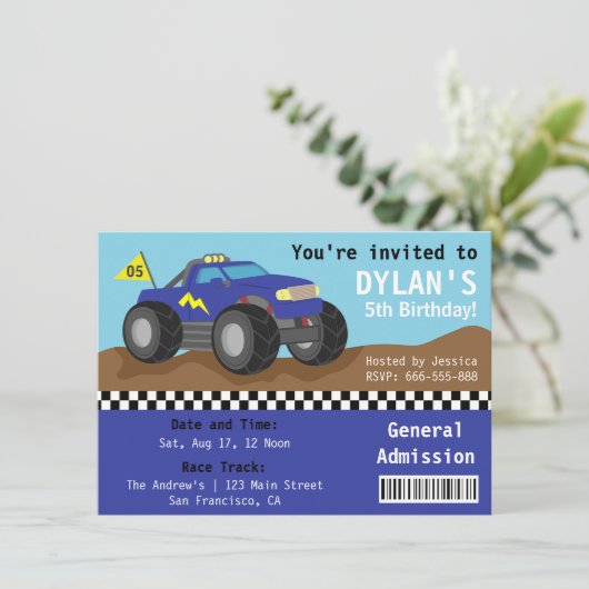 モンスタートラックのパーティーの競争、青い入場のチケット 招待状 (スタンド正面)