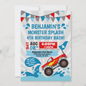 モンスタートラックのプールを囲んでのパーティの夏の誕生日 招待状 (正面)