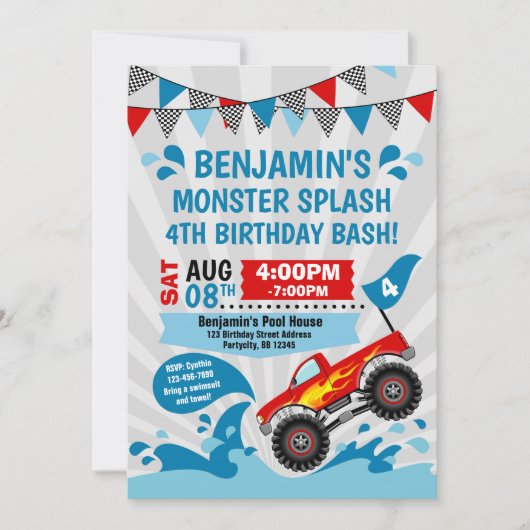 モンスタートラックのプールを囲んでのパーティの夏の誕生日 招待状 (正面)