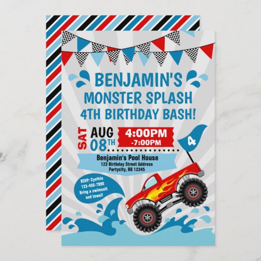 モンスタートラックのプールを囲んでのパーティの夏の誕生日 招待状 (正面/裏面)