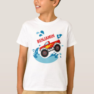 モンスタートラックのプールを囲んでのパーティの誕生日の男の子のTシャ Tシャツ