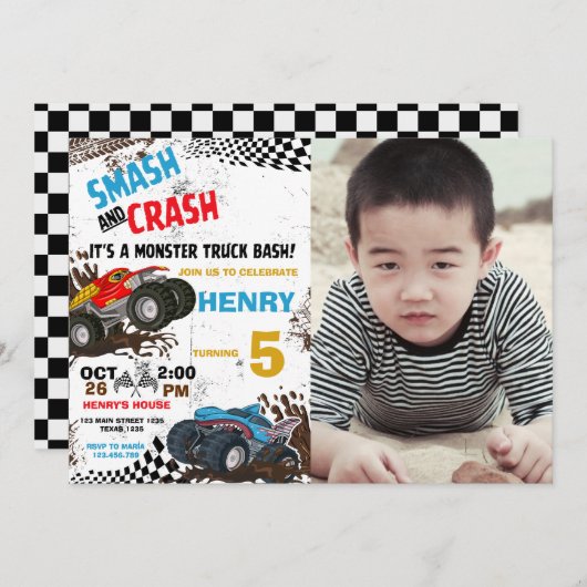 モンスタートラックの写真の誕生日パーティーへの招待 招待状 (正面/裏面)