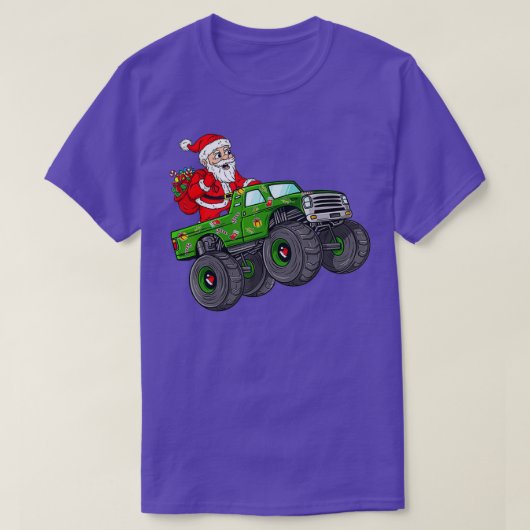 モンスタートラックの少年に乗るクリスマスサンタクロース Tシャツ (デザイン正面)