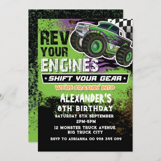 モンスタートラックの少年 緑の招待状 招待状 (正面/裏面)