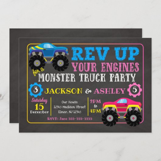 モンスタートラックの接合箇所の誕生日の招待状/男の子の女の子 招待状 (正面/裏面)