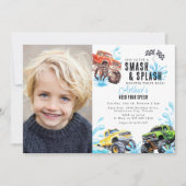 モンスタートラックの楽しい写真 4歳の誕生日プールパーティー 招待状 (正面)