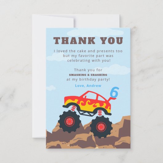 モンスタートラックの男の子の誕生日パーティー サンキューカード (正面)