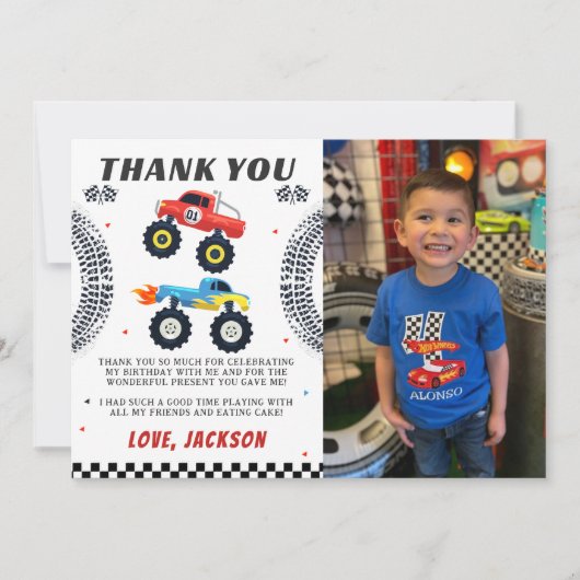モンスタートラックの男の子の誕生日写真感謝カード サンキューカード (正面)