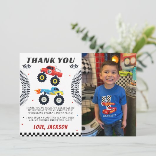 モンスタートラックの男の子の誕生日写真感謝カード サンキューカード (スタンド正面)