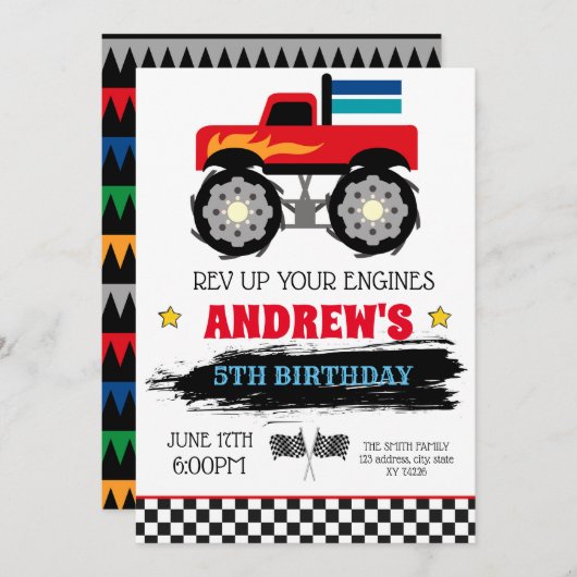 モンスタートラックの誕生日の招待状 招待状 (正面/裏面)