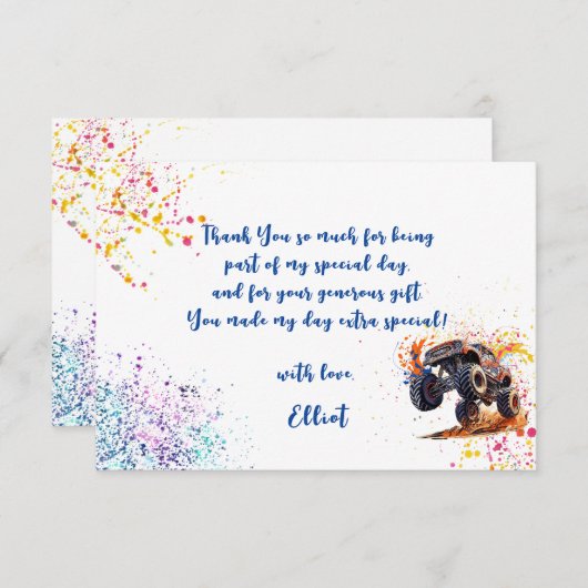モンスタートラックの誕生日をクラッシュする準備ができている サンキューカード (正面/裏面)