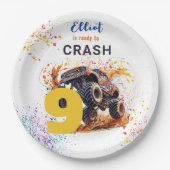 モンスタートラックの誕生日をクラッシュする準備ができている ペーパープレート (正面)