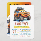 モンスタートラックの誕生日パーティーのためのプリント可能なアイデア 招待状 (正面/裏面)