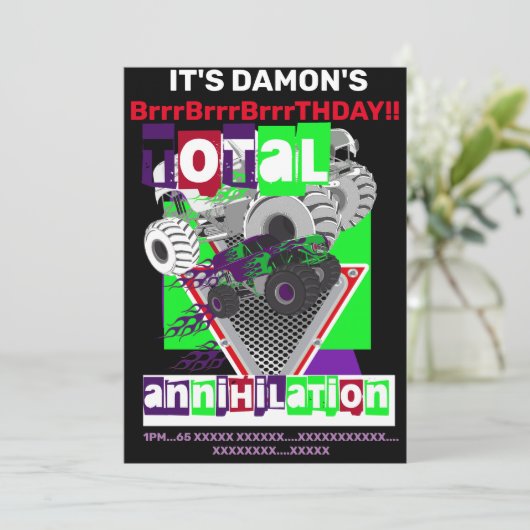 モンスタートラックの誕生日パーティー招待状 招待状 (スタンド正面)