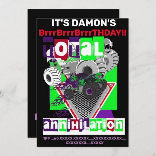 モンスタートラックの誕生日パーティー招待状 招待状 (正面/裏面)