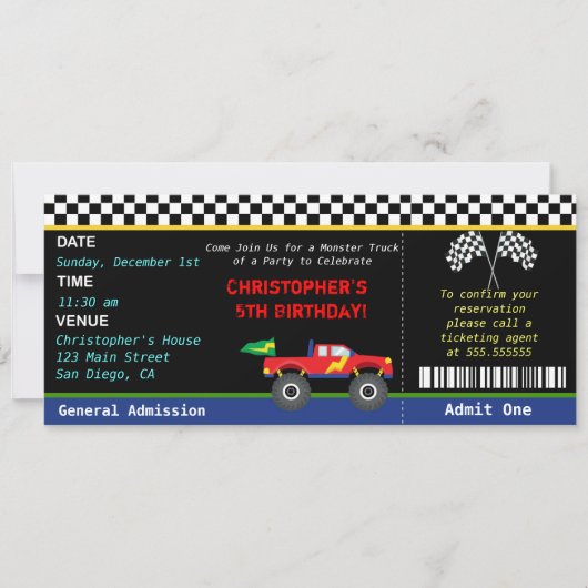 モンスタートラックの誕生日パーティー招待状 招待状 (正面)