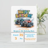 モンスタートラックの誕生日パーティー 水彩画 招待状 (スタンド正面)