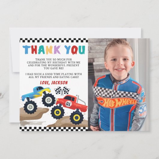 モンスタートラックの誕生日写真サンクスカード サンキューカード (正面)