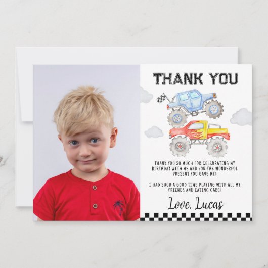 モンスタートラックの誕生日写真　ありがとうカード サンキューカード (正面)