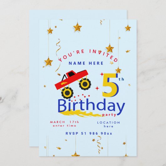 モンスタートラックの誕生日招待状のパーソナライズ 招待状 (正面/裏面)