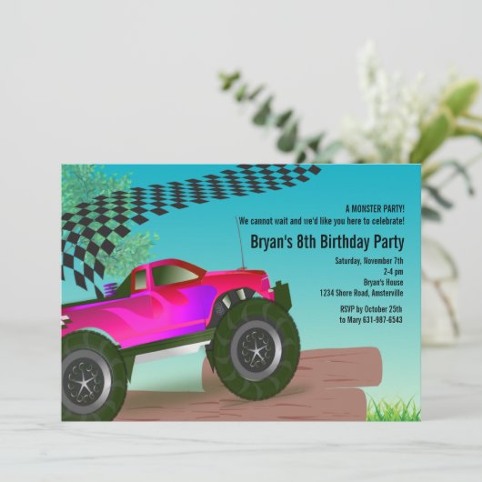モンスタートラックの赤い誕生日のパーティの招待状 招待状 (スタンド正面)