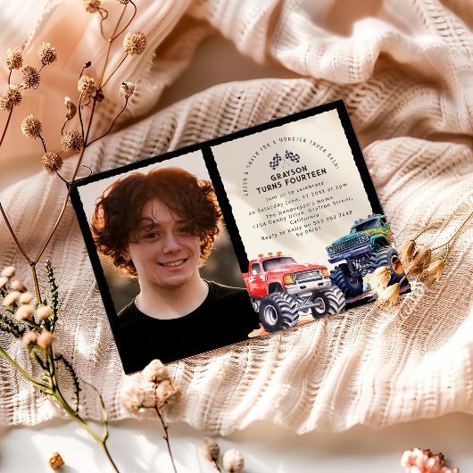 モンスタートラックをテーマにしたフォトバースデーパーティー 招待状