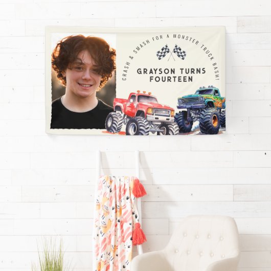 モンスタートラックをテーマにしたフォトバースデーパーティー 横断幕 (インサイチュ)