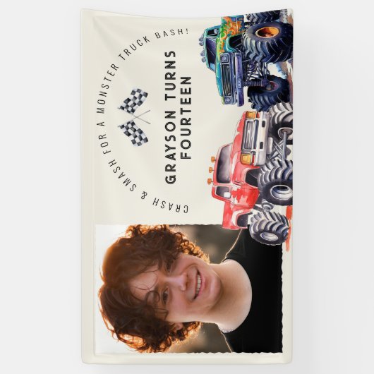 モンスタートラックをテーマにしたフォトバースデーパーティー 横断幕 (縦)