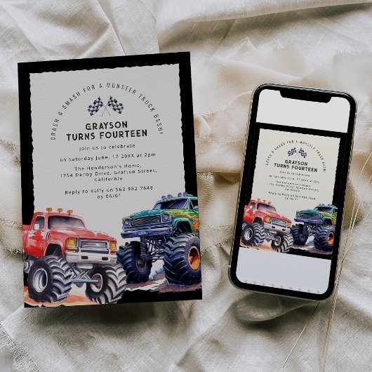 モンスタートラックをテーマにした誕生日パーティーの招待状 招待状