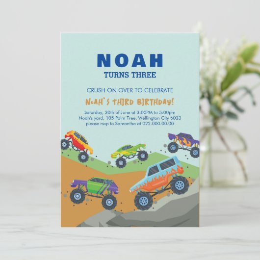 モンスタートラックをテーマにした誕生日招待状5"x7" 招待状 (スタンド正面)
