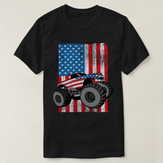 モンスタートラックアメリカ国旗7月4日 Tシャツ (デザイン正面)