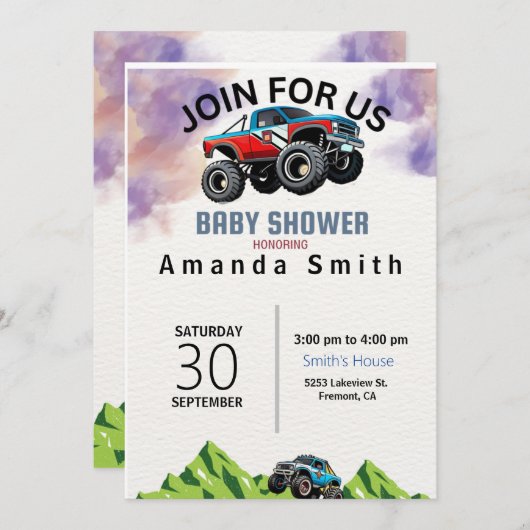モンスタートラックウォーターカラーベビーシャワー招待状 招待状 (正面/裏面)