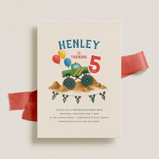 モンスタートラックウォーターカラー子供の誕生日パーティー 招待状