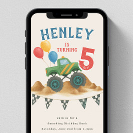 モンスタートラックウォーターカラー子供の誕生日パーティー 招待状