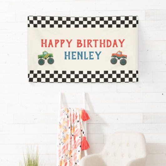 モンスタートラックウォーターカラー子供の誕生日パーティー 横断幕 (インサイチュ)