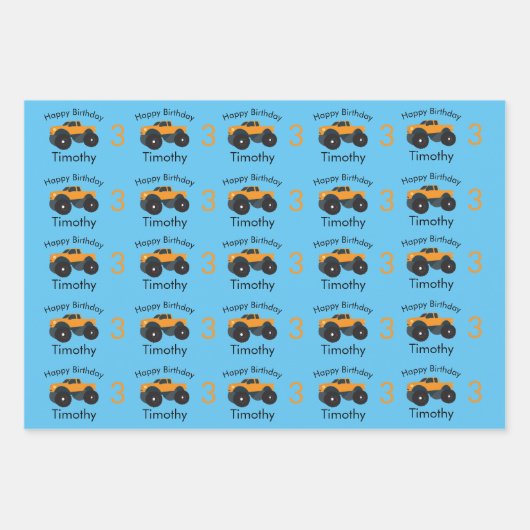 モンスタートラックオレンジブルーボーイズネーム&エイジ ラッピングペーパーシート (正面2)