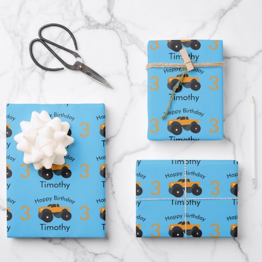 モンスタートラックオレンジブルーボーイズネーム&エイジ ラッピングペーパーシート (正面)