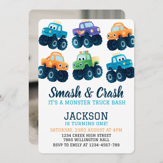 モンスタートラックカラフルボーイズ誕生日写真 招待状 (正面/裏面)